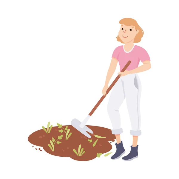 Agricultora joven o trabajadora agrícola con azada arrancando y arrancando malas hierbas Vector Ilustración — Archivo Imágenes Vectoriales