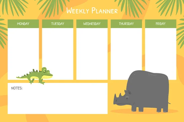 Planificador semanal para niños Plantilla, Página de planificación, Notas, Organizador para niños con animales africanos lindos Ilustración de vectores de dibujos animados — Vector de stock