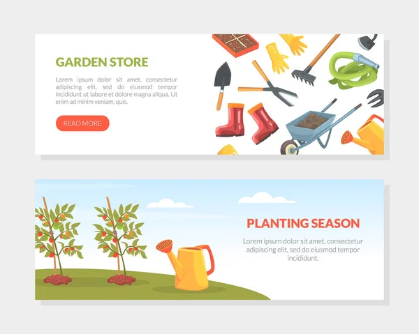 Garden Store, Planting Season Landing Page Templates. Gardening, Farming and Agriculture Concept Vector Illustration — Stock Vector