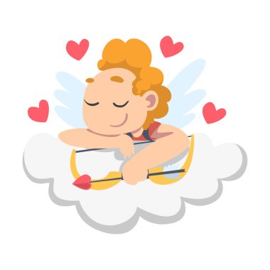 Kanatları Bulutta Uyuyan Sevimli Mutlu Aşk Tanrısı Çocuk, Sevimli Çocuk Melek Çizgi Film Modeli Vektör İllüzyonu