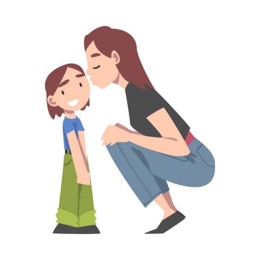 Anneyi Sevmek Küçük Kızına Şefkatle Kucaklamak, Annelik Sevgisi Çizgi Film Stili Vektör İllüzyonu