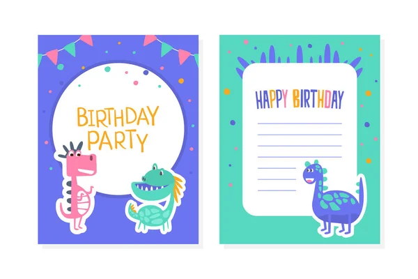 Birthday Party Card with Cute Colorful Dinosaurs, Invitation, Greeting Card Template Cartoon Vector Illustration — Stock Vector