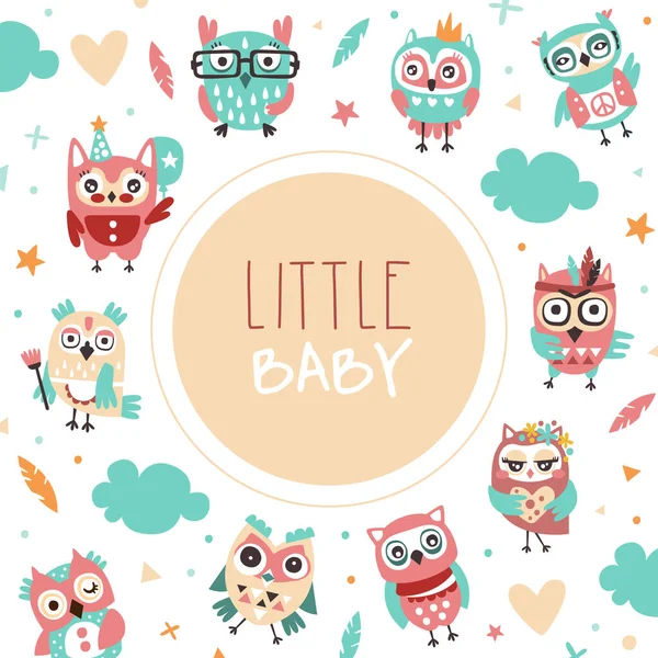 Little Baby Banner Template with Cute Colorful Hand Drawn Owlets Pattern, Cover, Poster, Invitation Card, Flyer Design with Funny Owls Vector Illustration — Stock Vector