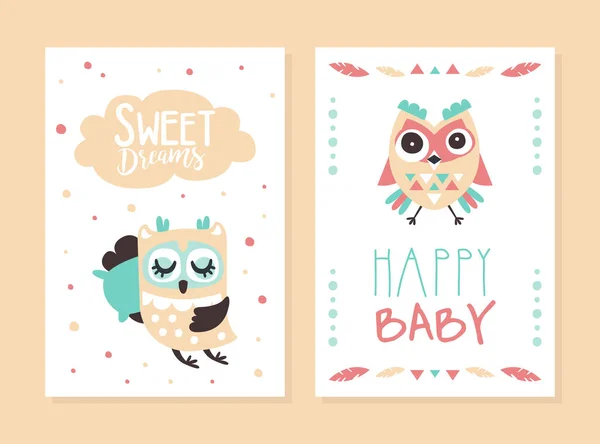 Happy Baby Sweet Dreams Szablony kart Zestaw z Cute ręcznie rysowane sowy, Pokrywa, plakat, Pozdrowienia lub zaproszenie karty, Projekt ulotki z zabawnym kolorowe sowy Wektor ilustracji — Wektor stockowy