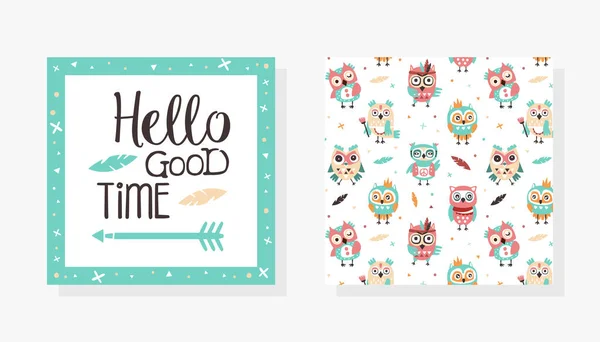 Birthday Party Card with Cute Colorful Hand Drawn Owls Seamless Pattern, Invitation, Greeting Card Template Cartoon Vector Illustration — Stock Vector
