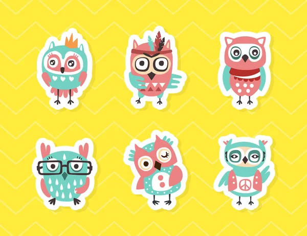 Cute Colorful Hand Drawn Owlets Stickers Set, Funny Owl Birds Comic Characters Cartoon Vector Illustration — Stock Vector