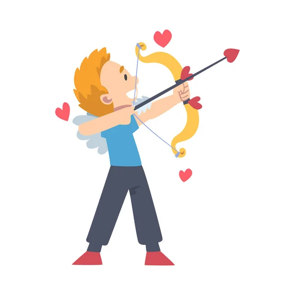 可爱有趣的丘比特男孩，可爱快乐的孩子天使Cherub用弓形卡通风格的矢量图解射击 — 图库矢量图片