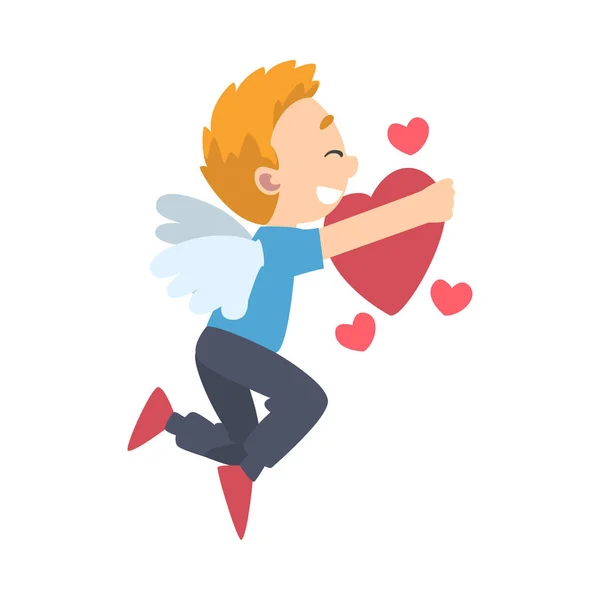 Cute Cupid Boy, Adorable Joyful Kid Angel Cherub Shooting Flying with Heart Cartoon Style Vector Illustration — Stock Vector