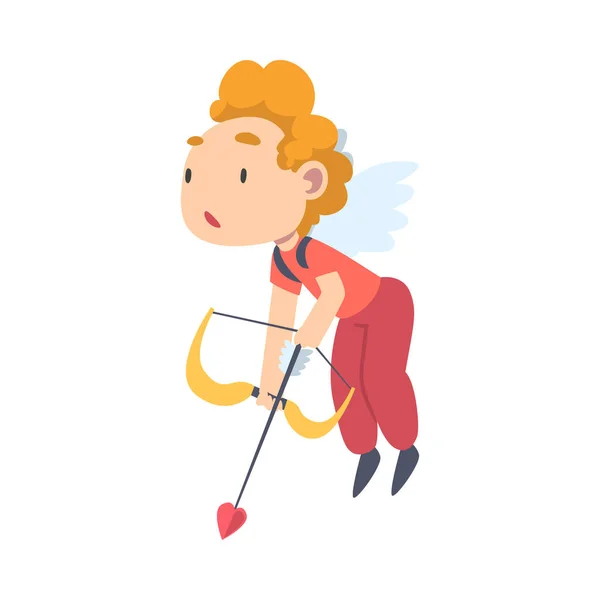 Lindo feliz cupido chico con alas, alegre niño ángel vestido rojo ropa volando con arco dibujos animados estilo vector ilustración — Archivo Imágenes Vectoriales