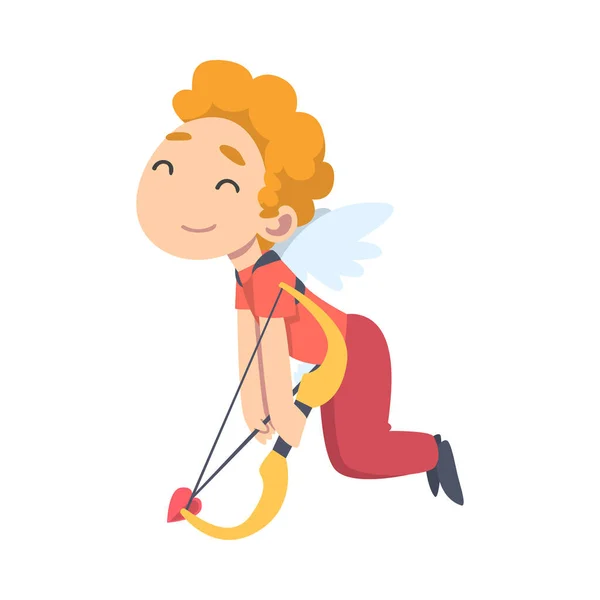 Menino Cupido Voador Bonito, Joyful Kid Angel Vestido Roupas Vermelhas Tiro com Arco Desenhos Animados Estilo Vetor Ilustração — Vetor de Stock