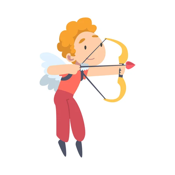 Cute Happy Cupid Boy Shooting with Bow and Arrow, Lovely Flying Kid Angel Dressed Red Casual Clothes Cartoon Style Vector Illustration — Stock Vector