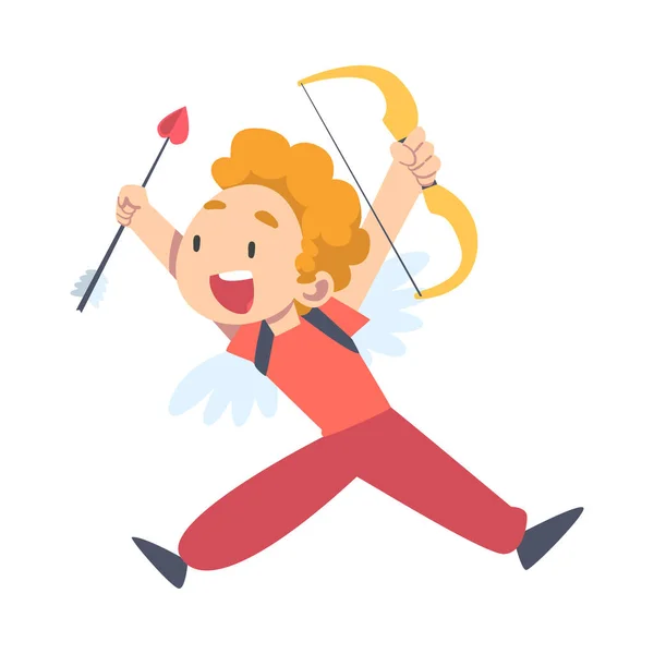 Menino engraçado engraçado feliz com asas, alegre criança anjo vestido roupas vermelhas se divertindo com arco desenho animado estilo vetor ilustração — Vetor de Stock