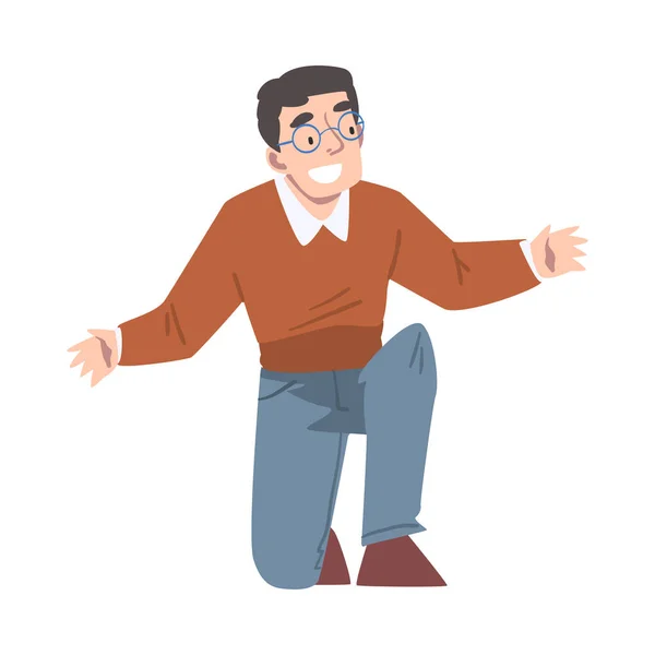 Hombre alegre agachado con sus brazos extendidos estilo de dibujos animados Vector Ilustración — Vector de stock