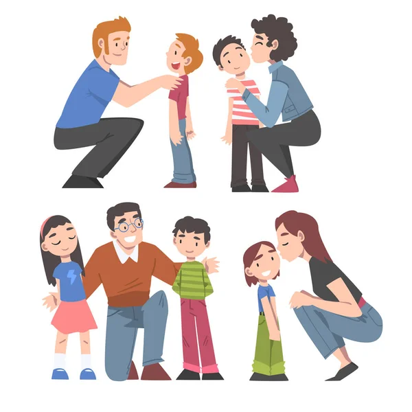 Wesoła mama i tata przytulanie i całowanie ich dzieci zestaw, Happy Parenthood Concept Cartoon Style Wektor ilustracji — Wektor stockowy