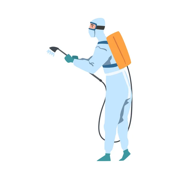 Person in Protective Suit Spraying Disinfectant, Antiviral Disinfection Concept Cartoon Style Vector Illustration — Stock Vector