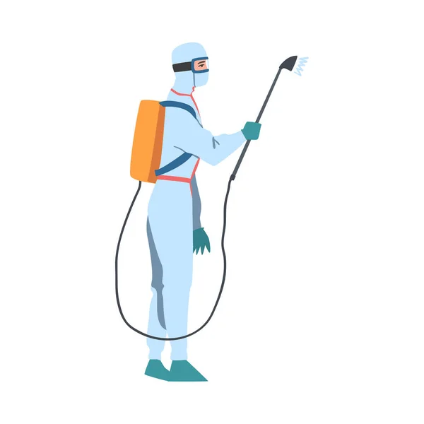 Ontsmettingsmiddel werknemer in antivirale pak en masker Spuiten Ontsmettingsmiddel voor Coronavirus Preventie Cartoon Style Vector Illustratie — Stockvector