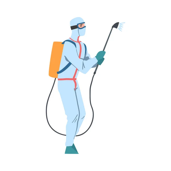 Coronavirus Preventie Concept, Desinfecterende werknemer in beschermende pak en masker Desinfecteren van openbare plaatsen van bacteriën en virussen Cartoon Style Vector Illustratie — Stockvector