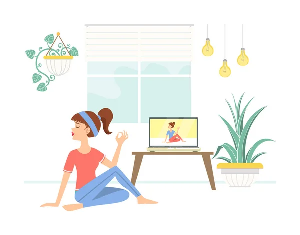 Fille pratiquant le yoga tout en regardant la classe en ligne sur ordinateur portable, Jeune femme faisant de l'exercice à la maison illustration vectorielle de bande dessinée — Image vectorielle
