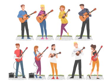 People Street Müzisyenleri Müzik Enstrümanları Çalıyor Set, Canlı Performans Konsepti Çizgi Film Biçimi İllüstrasyon