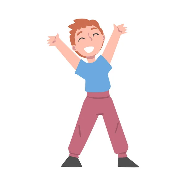 Cute Liitle Boy Celebrating Victory, Expressing Succes or Having Fun, Positive Emotions Concept Cartoon Vector Illustration - Stok Vektor