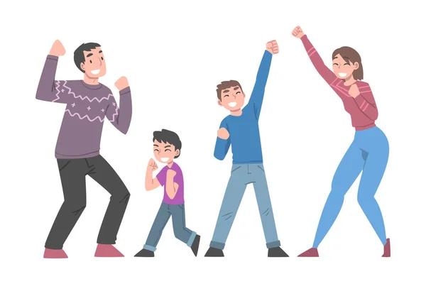 Familia feliz celebrando la victoria, expresando éxitos y emociones positivas, lo hicimos ilustración vectorial de dibujos animados — Vector de stock