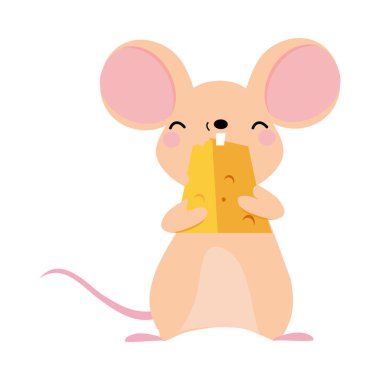 Sivri Burunlu Komik Fare ve Yuvarlak Kulaklı Kemiren Peynir Kırbaç Vektör Çizimi