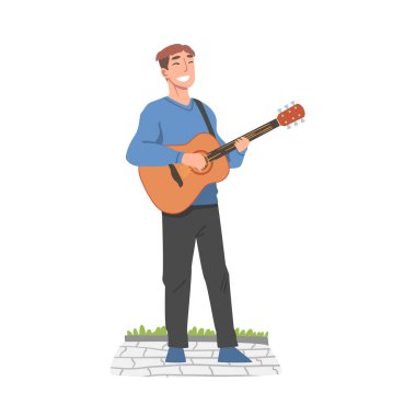 Neşeli Erkek Sokak Gitaristi Akustik Gitar Çalan, Canlı Performans Konsepti Çizgi Film Stili Vektör İllüzyonu