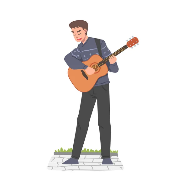 Personagem de Guitarrista de Rua Masculina Tocando Guitarra Acústica, Desempenho ao vivo Desenhos animados Estilo Vetor Ilustração — Vetor de Stock