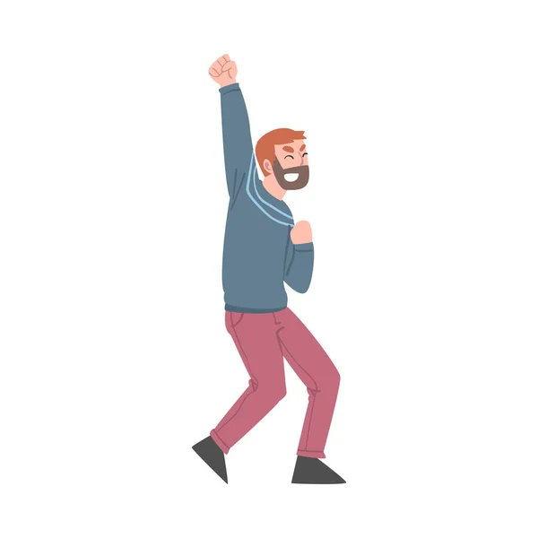 Hombre feliz celebrando la victoria, expresando éxitos o divirtiéndose ilustración vectorial de dibujos animados — Vector de stock