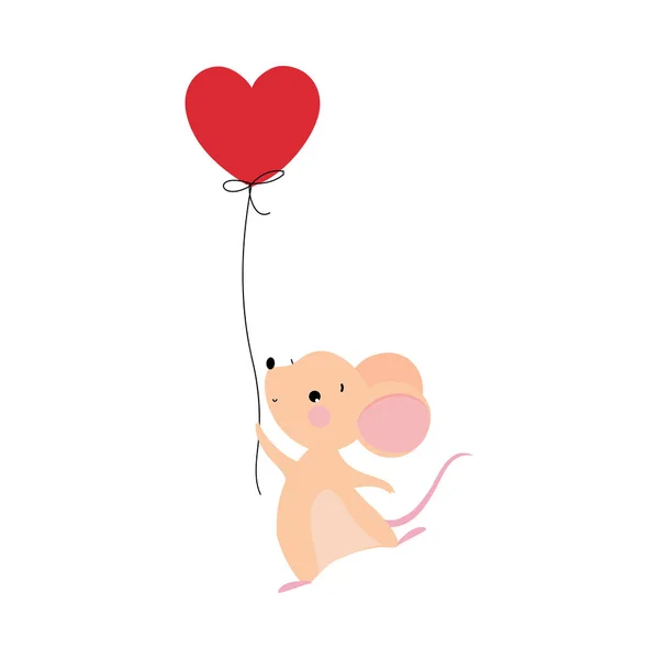 Cute Mouse with Pointed Snout and Rounded Ears Holding Rope of Red Toy Balloon Vector Illustration — Stock Vector