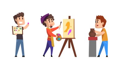 Erkek Hobisi ya da Meslek Seti, Erkek Bekçi, Seramik, Sanatçı Çizgi Filmi Vektör İllüstrasyonu