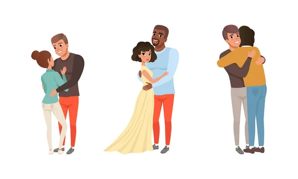 Happy Ζευγάρια Αγκαλιάζοντας Σετ, Ρομαντικό Συνεργάτες Αγκαλιάζοντας με χαμογελαστά πρόσωπα Γελοιογραφία Εικονογράφηση διάνυσμα — Διανυσματικό Αρχείο