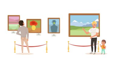 İnsanlar Sergide Tablolara hayran, Klasik Sanat Galerisinde Sergi İzleyen Ziyaretçiler veya Müze Çizgi Filmlerinde Vector Illustration