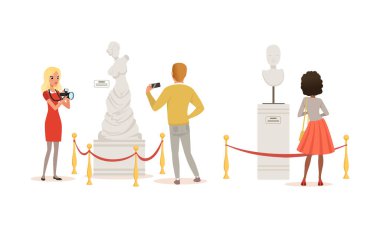 People Admiring Sculptures at Exhibition, Visitors Viewing Exhibits at Classic Art Gallery or Museum Cartoon Vector Illustration clipart