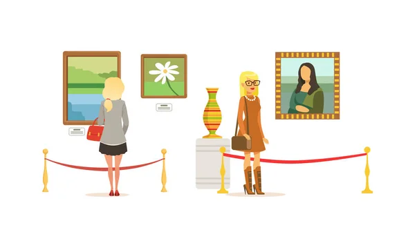 Menschen, die Gemälde in der Ausstellung betrachten, Besucher, die Exponate in der Galerie für klassische Kunst oder im Museum Cartoon Vector Illustration sehen — Stockvektor