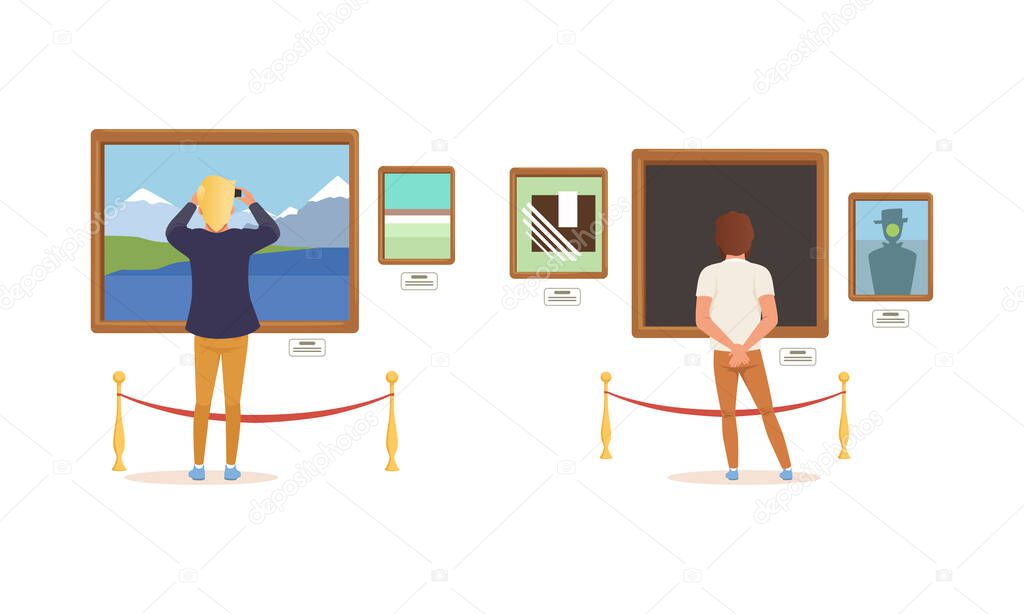 People Admiring Paintings at Exhibition, Back View of Visitors Viewing Exhibits at Art Museum Cartoon Vector Illustration