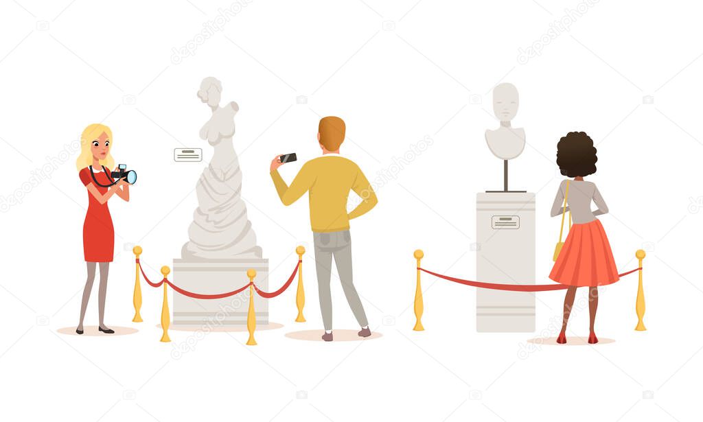 People Admiring Sculptures at Exhibition, Visitors Viewing Exhibits at Classic Art Gallery or Museum Cartoon Vector Illustration