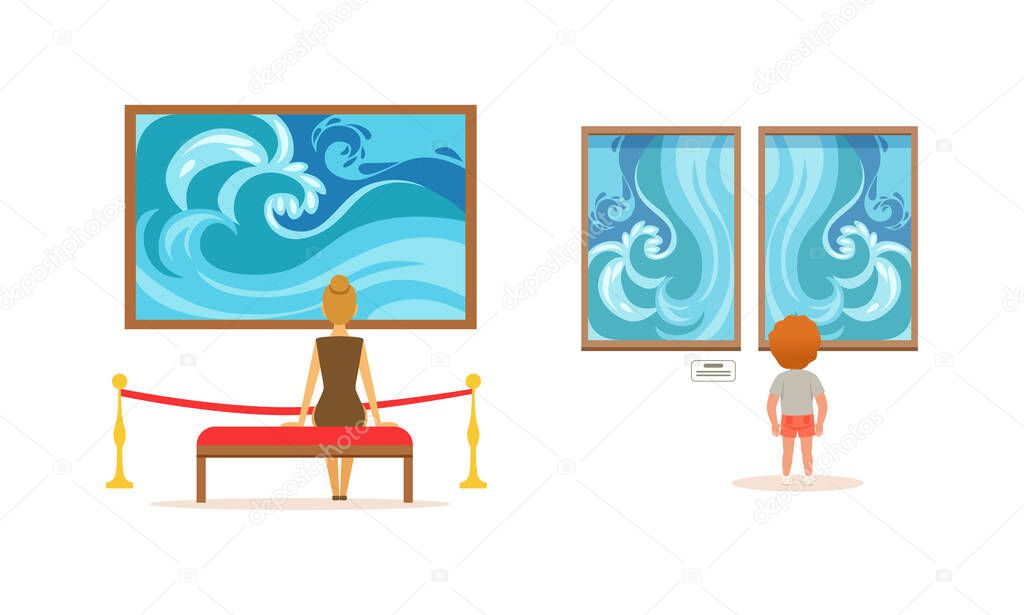 Back View of People Looking at Paintings at Exhibition, Visitors Viewing Exhibits at Art Gallery or Museum Cartoon Vector Illustration