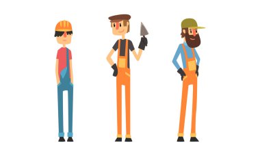 Profesyonel İnşaat İşçileri Seti, Tulumlu İnsan İnşaatçıları Çizgi Film Vektör İllüstrasyonu