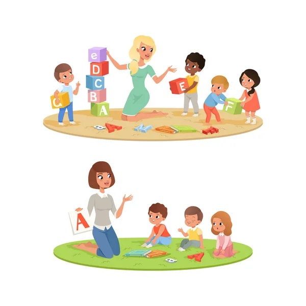 Niedliche kleine Jungen und Mädchen lernen Alphabet mit ihrem Lehrer, Kinder Bildung und Erziehung Cartoon Vector Illustration — Stockvektor