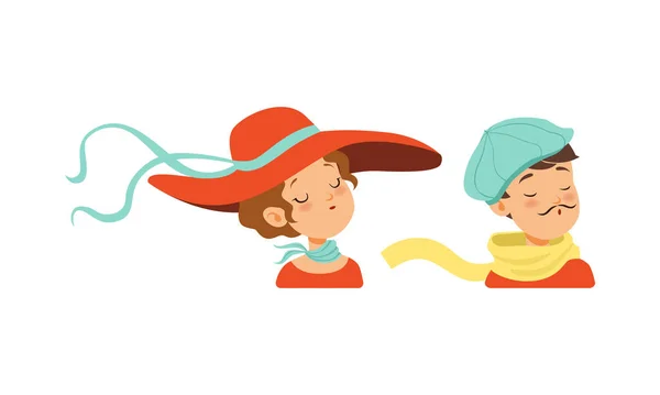 Portréty mladého muže a ženy v retro headgears setu, dívka oblečená v širokém klobouku Brim a chlapec v modrém baretu, kreslený vektor ilustrace — Stockový vektor
