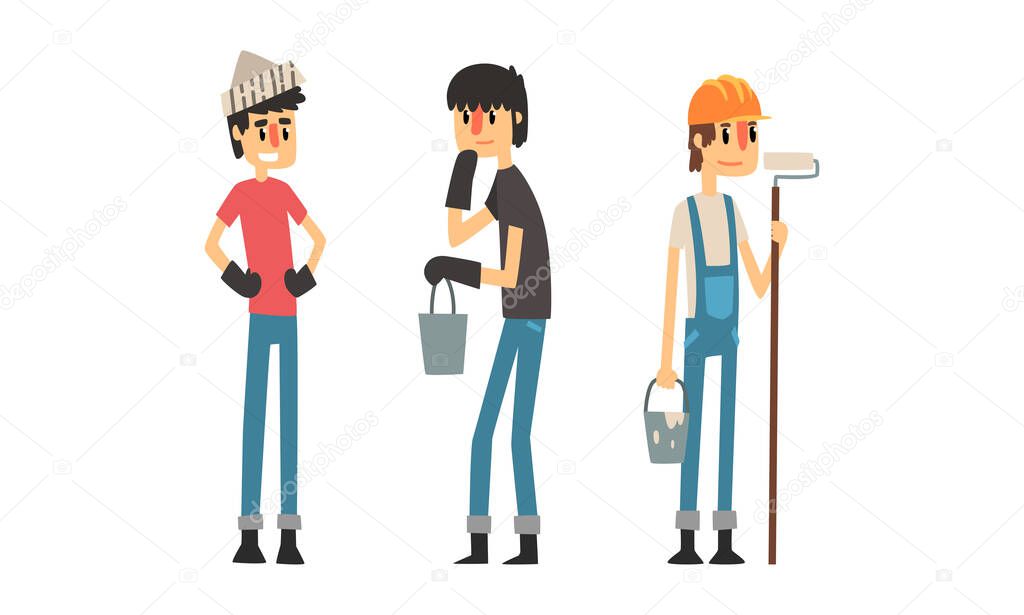 Construction Workers Set, Man Builders in Overalls with Tools Cartoon Vector Illustration