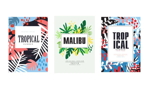 Tropischer Sommer Banner Vorlagen Set, Malibu Poster, Karte, Hintergrund, Flyer, Einladung mit tropischen exotischen Blumenvektorillustration — Stockvektor