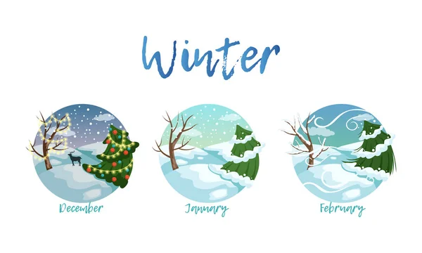 Winter Season Nature Landscape Set, December, January, February Months of the Year Cartoon Vector Illustration