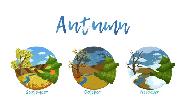 Herbstzeit Naturlandschaft Set, September, Oktober, November Monate des Jahres Cartoon Vector Illustration — Stockvektor
