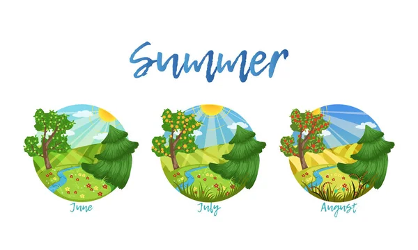 Temporada de verano Naturaleza Paisaje conjunto, junio, julio, agosto Meses del año Dibujos animados Vector Ilustración — Archivo Imágenes Vectoriales