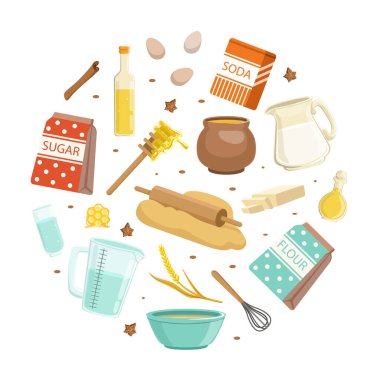 Aşçılık Ürünleri ve Utensiller Yuvarlak Şekil Şablonu, Aşçılık Okulu, Sınıf, Blog Banner, Poster, Kart Tasarımı Çizgi Film Vektörü İllüstrasyonu