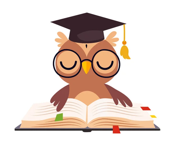 Wise Brown Κουκουβάγια στο Graduation Cap, χαριτωμένο Bird Cartoon Character Reading Book Vector Illustration — Διανυσματικό Αρχείο