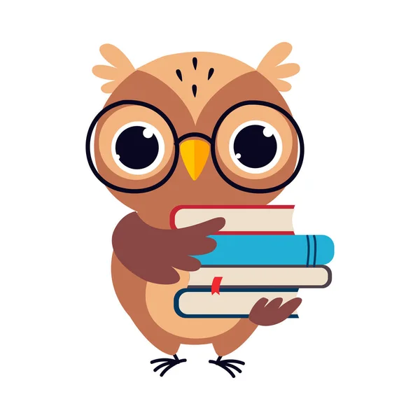 Wise Brown κουκουβάγια, χαριτωμένο Bird Teacher Cartoon Character με στοίβα από βιβλία Εικονογράφηση διάνυσμα — Διανυσματικό Αρχείο