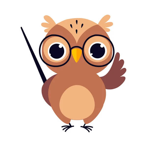 Coruja marrom sábio, personagem bonito dos desenhos animados do professor de pássaro com ilustração do vetor do ponteiro — Vetor de Stock